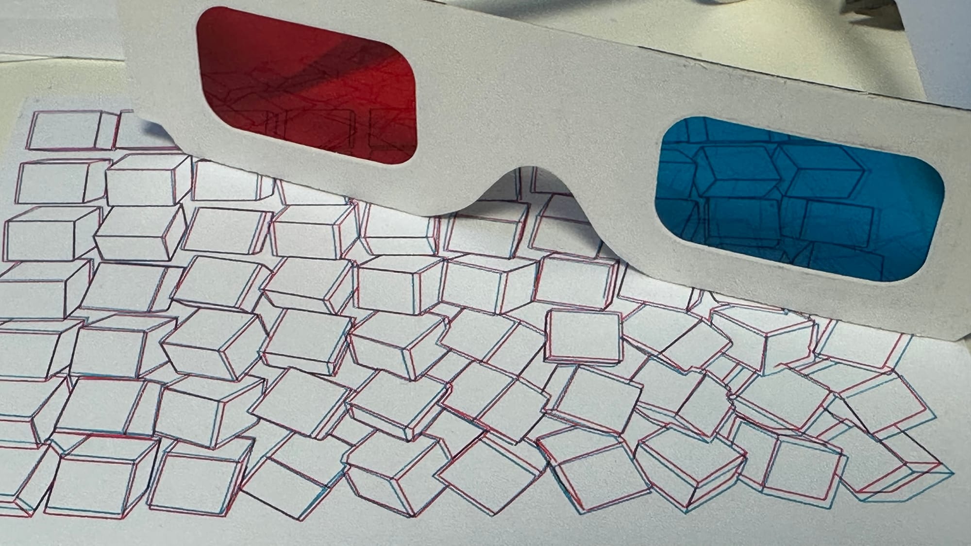 Red/Blue 3D glasses over a plot with red and blue lines of falling cubes