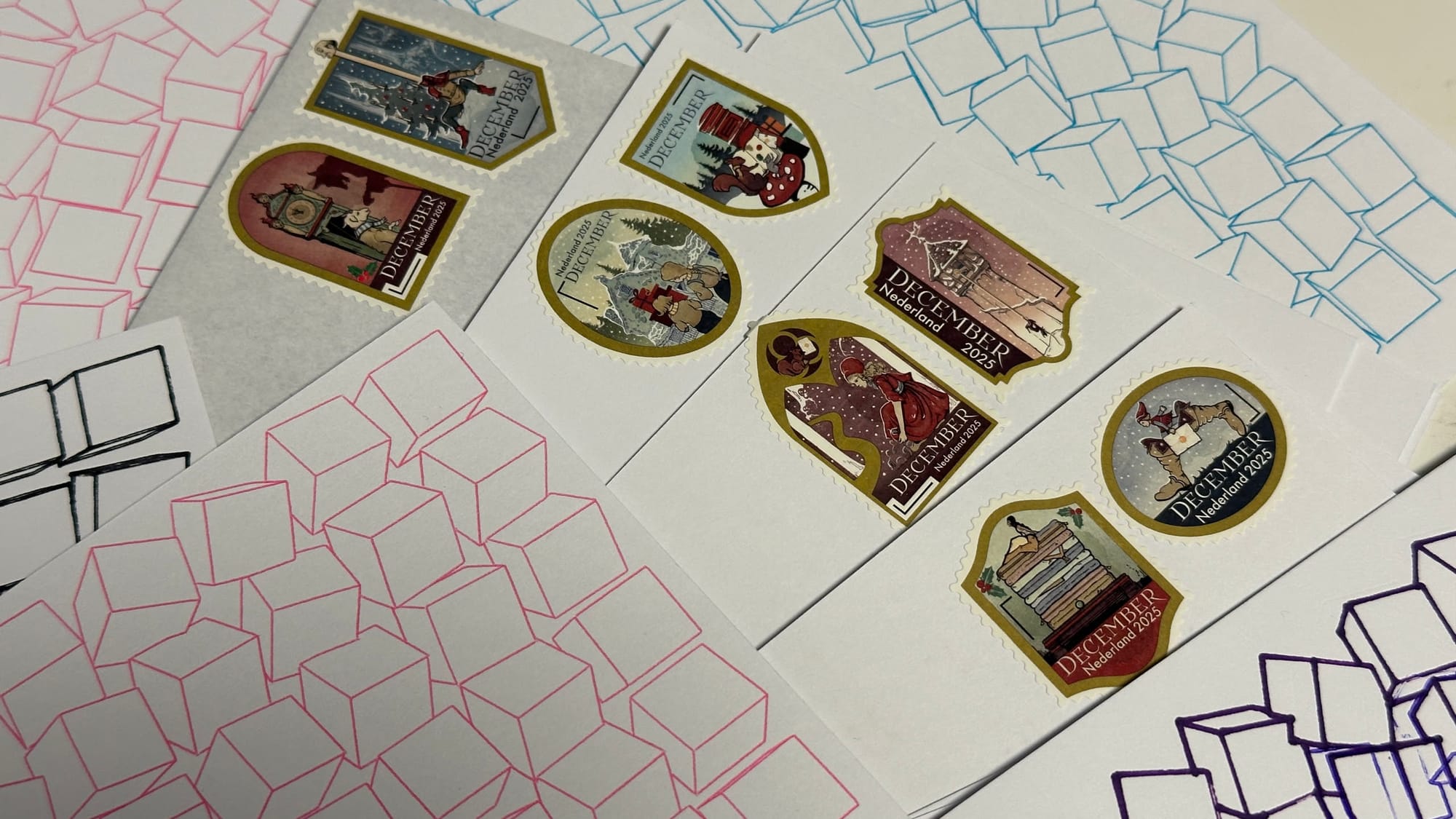 eight stamps on postcards with fairytale stories out Het Sprookjesbos